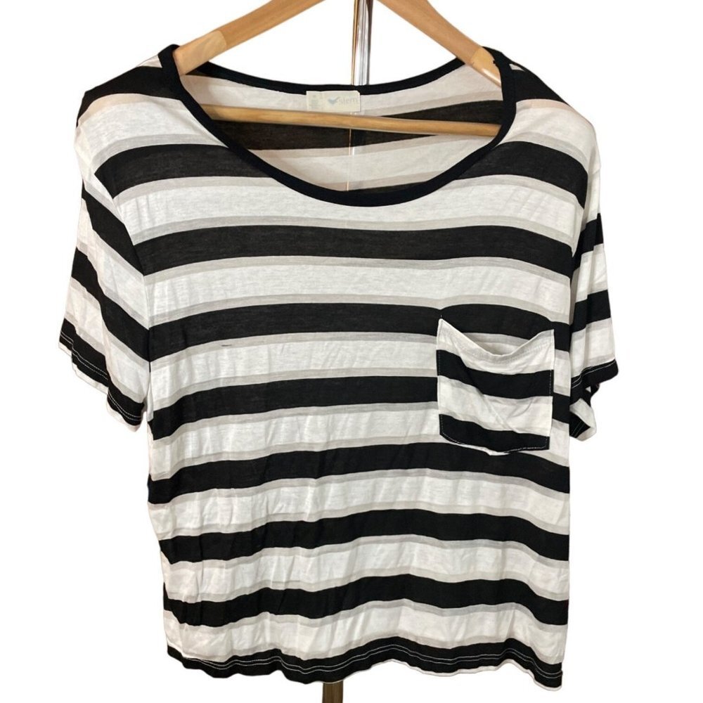Stem Black White Horizontal Stripe Short Sleeve Cropped Burnout Top Sz M